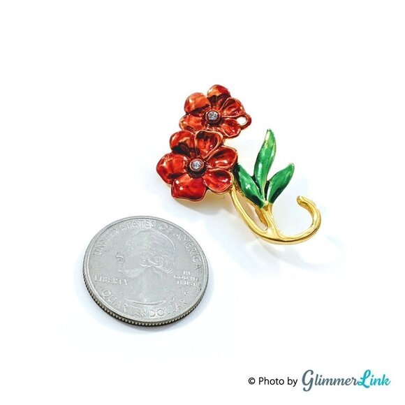 Vintage Red Flower Bouquet Gold Tone Brooch - Picture 3 of 7